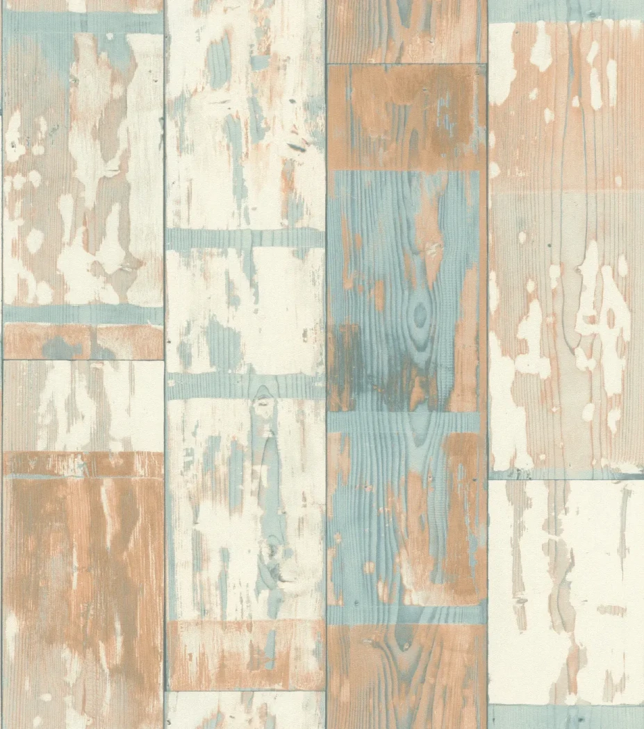 Wallpaper Dawn with weathered planks in grey, terracotta and blue