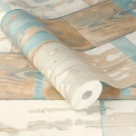 Wallpaper Dawn with weathered planks in grey, terracotta and blue