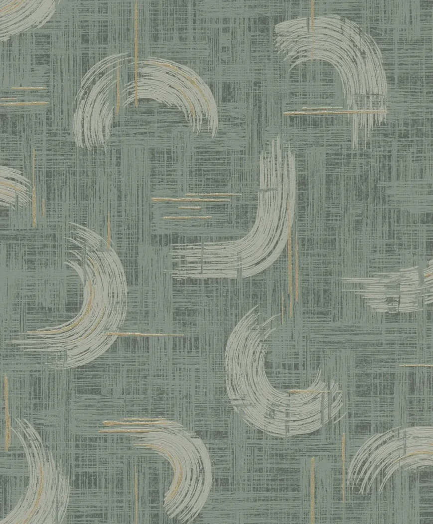Wallpaper Rain, white and gold painted arcs on sage green