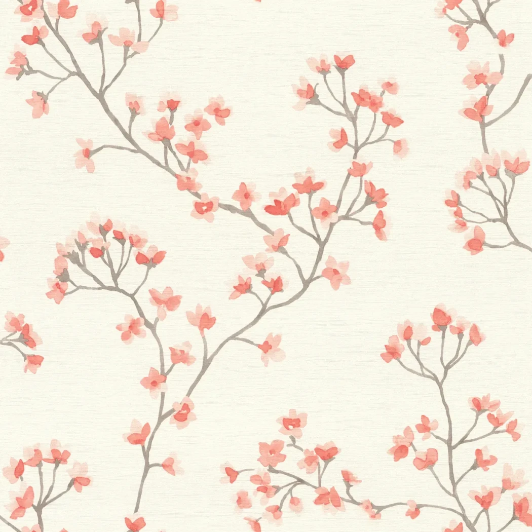 Wallpaper Brick with coral cherry blossom branches on ivory