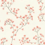 Wallpaper Brick with coral cherry blossom branches on ivory