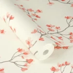 Wallpaper Brick with coral cherry blossom branches on ivory