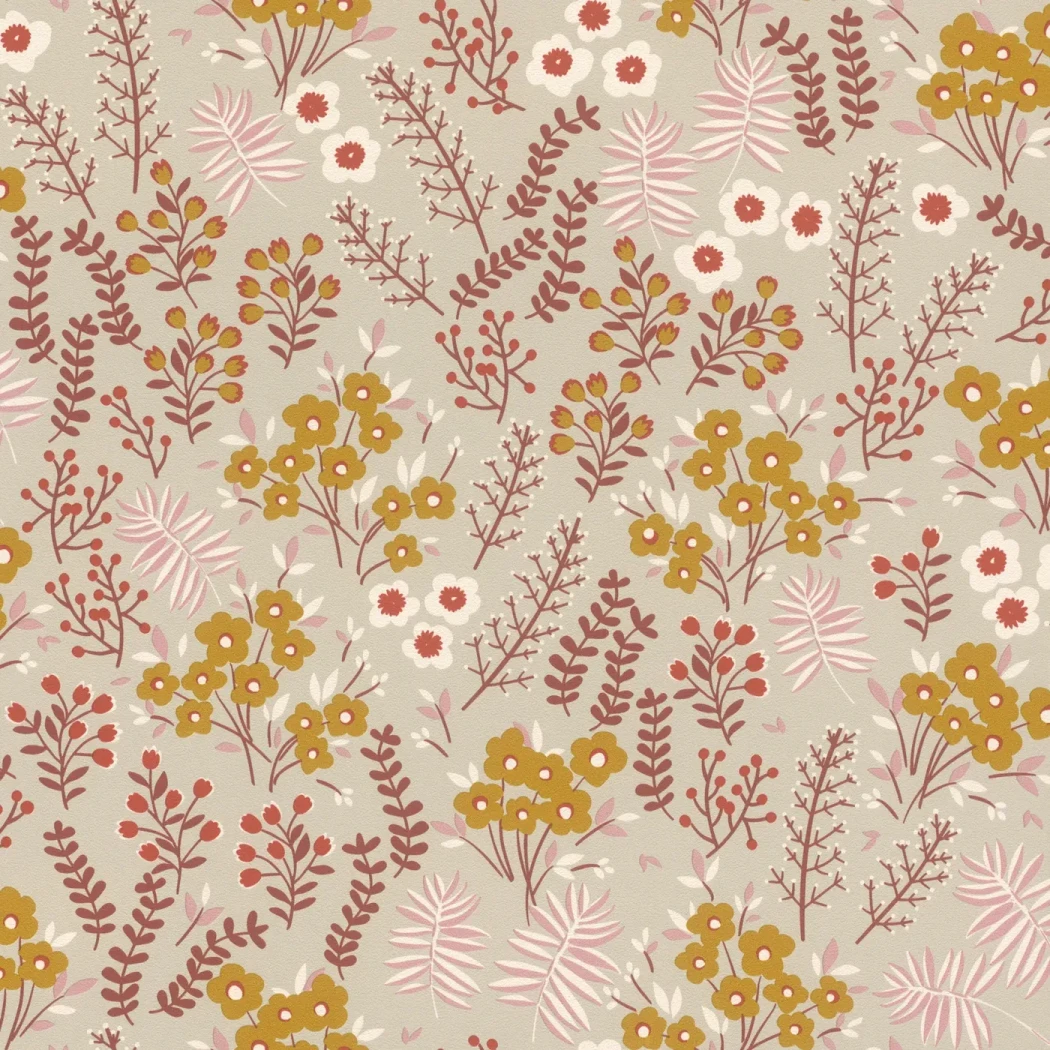 Wallpaper Frosted Flour, cream floral with mustard flowers and ferns