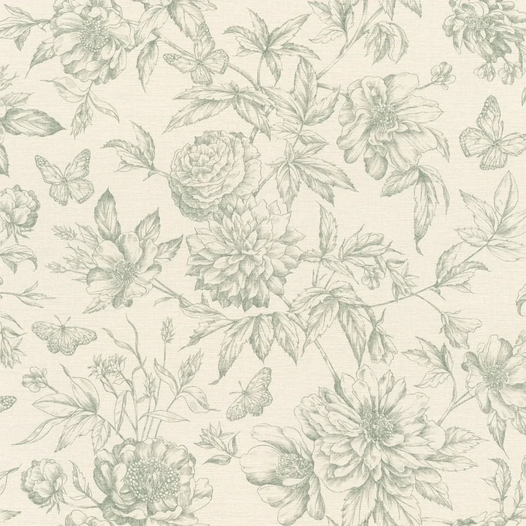 Wallpaper Pale Shell with sage-green roses and dahlias on cream
