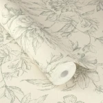Wallpaper Pale Shell with sage-green roses and dahlias on cream