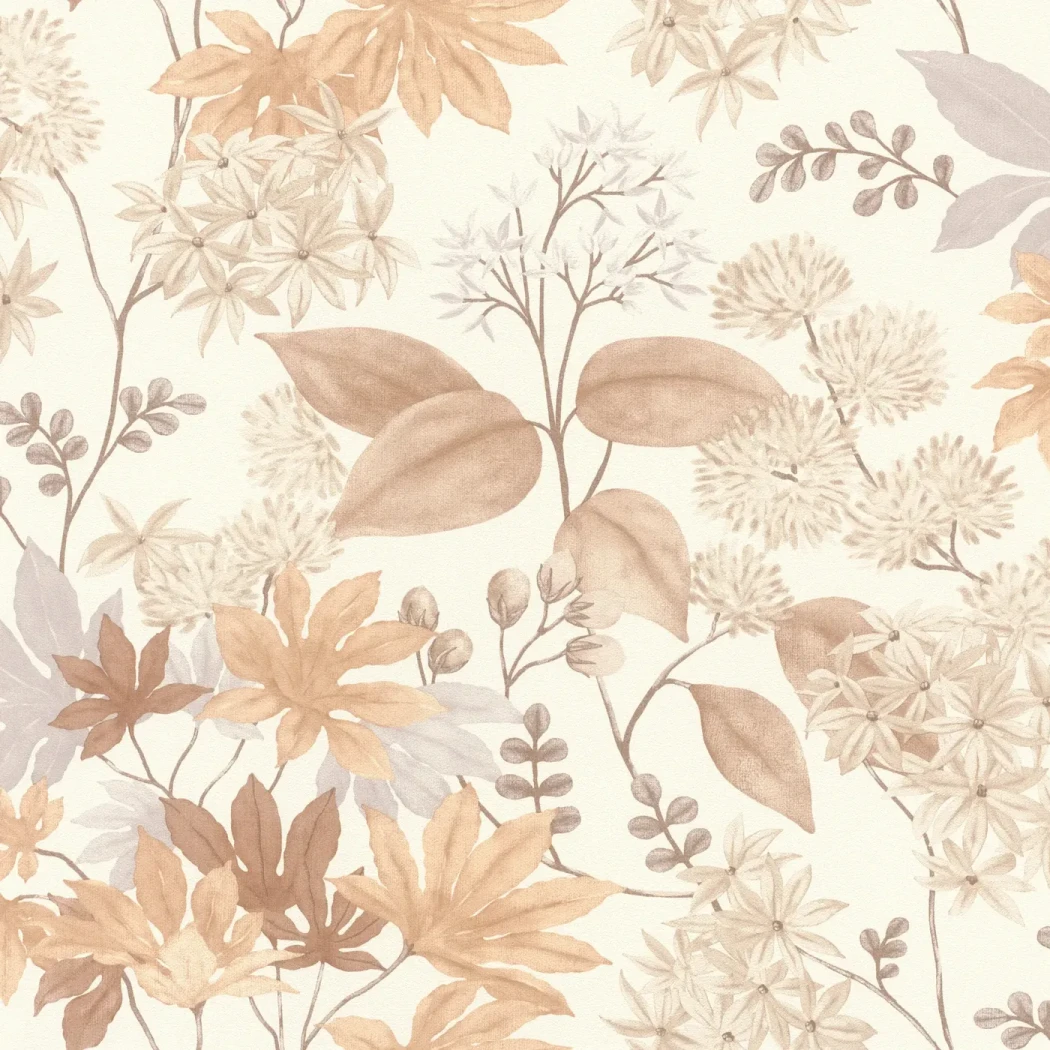 Wallpaper Light Parchment with watercolour cream bouquets and beige leaves