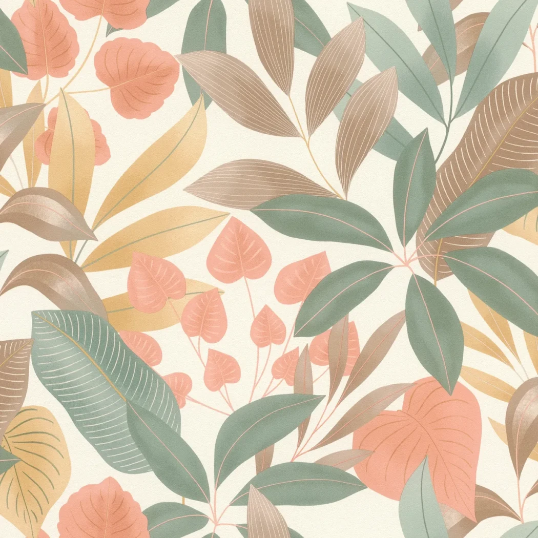 Wallpaper Rust with coral and green tropical leaves on ivory
