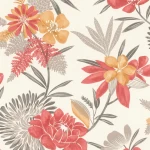 Wallpaper Chalk, red dahlias and grey foliage on off-white