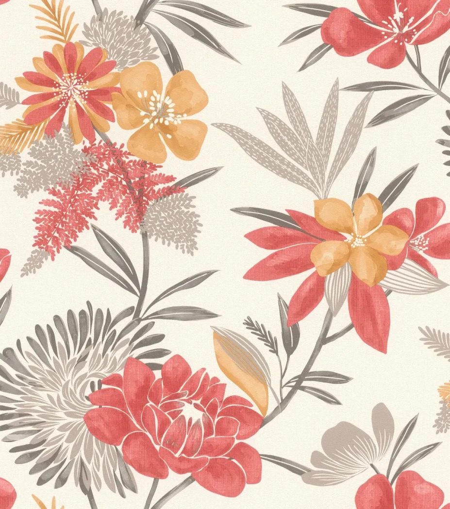 Wallpaper Chalk, red dahlias and grey foliage on off-white