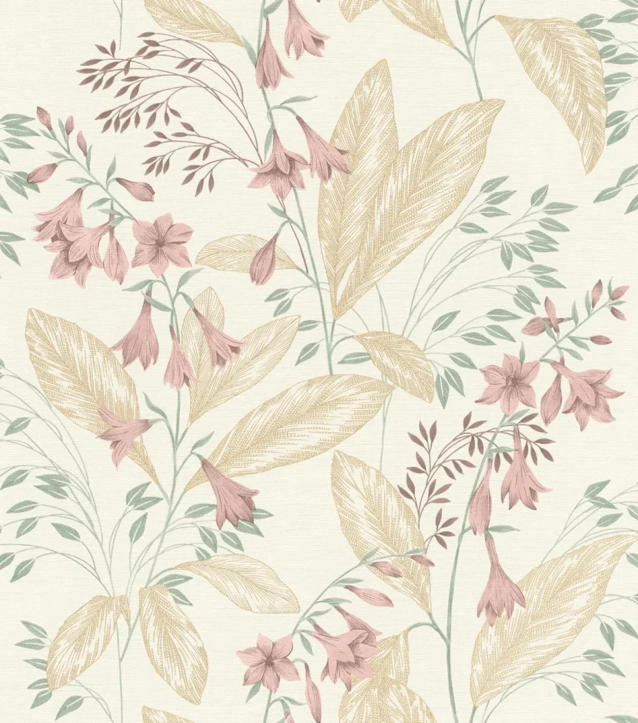 Wallpaper Cotton with pink bellflowers and gold leaves on off-white