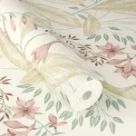 Wallpaper Cotton with pink bellflowers and gold leaves on off-white
