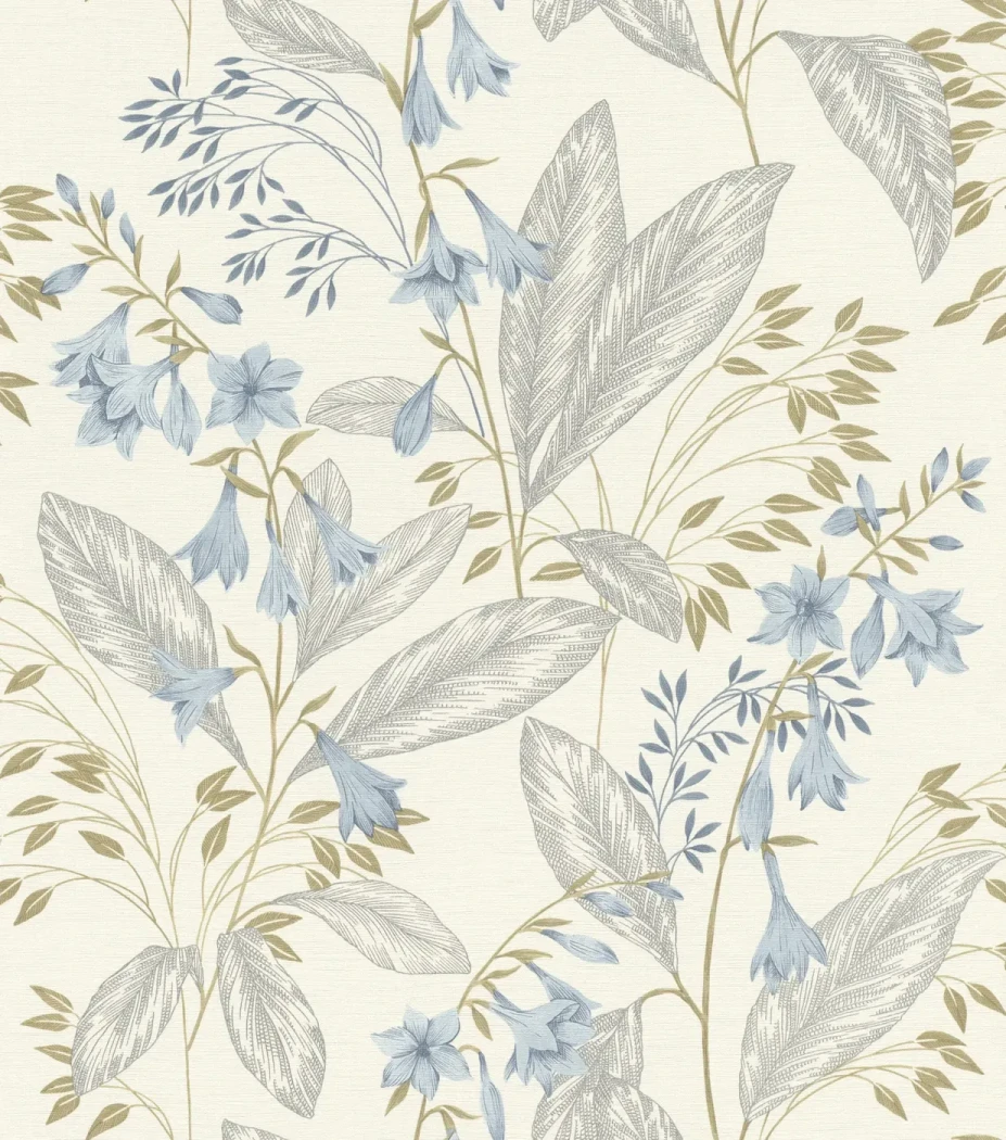 Wallpaper Milk with blue bellflowers and grey leaves on white