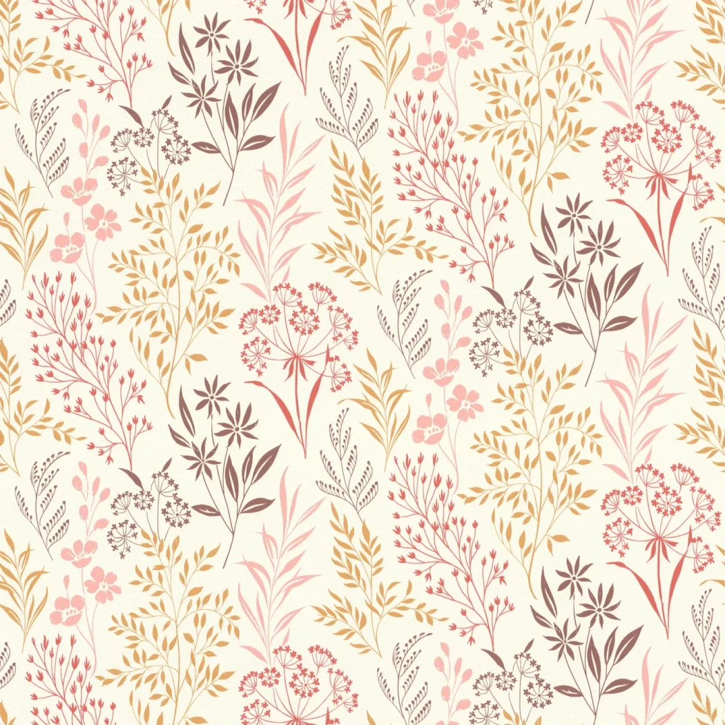 Wallpaper Pale Starch with fine coral and ochre flowers on cream