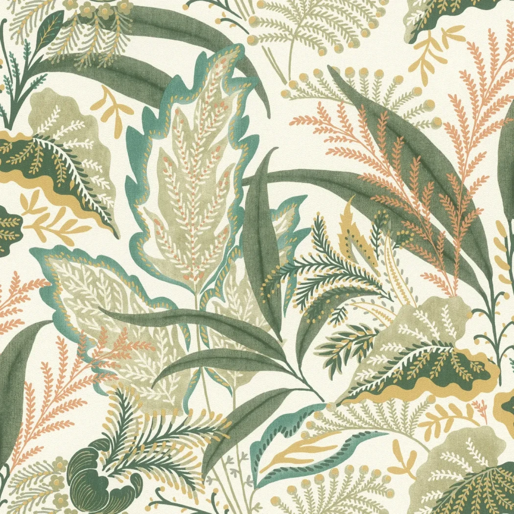 Wallpaper Limestone, teal tropical leaves and coral ferns on ivory