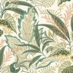 Wallpaper Limestone, teal tropical leaves and coral ferns on ivory