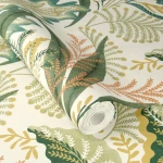 Wallpaper Limestone, teal tropical leaves and coral ferns on ivory