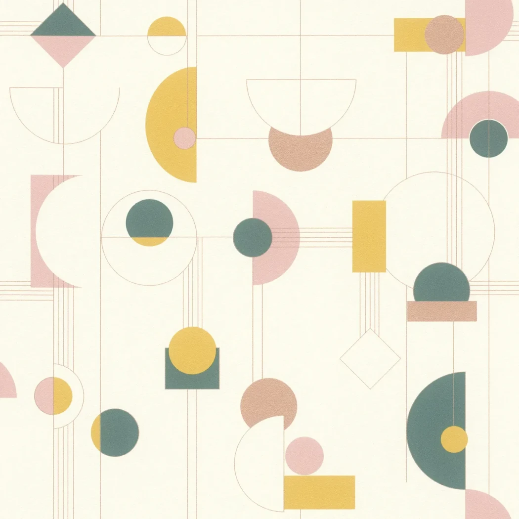 Wallpaper Veiled Wicker, mustard and pink circles on beige