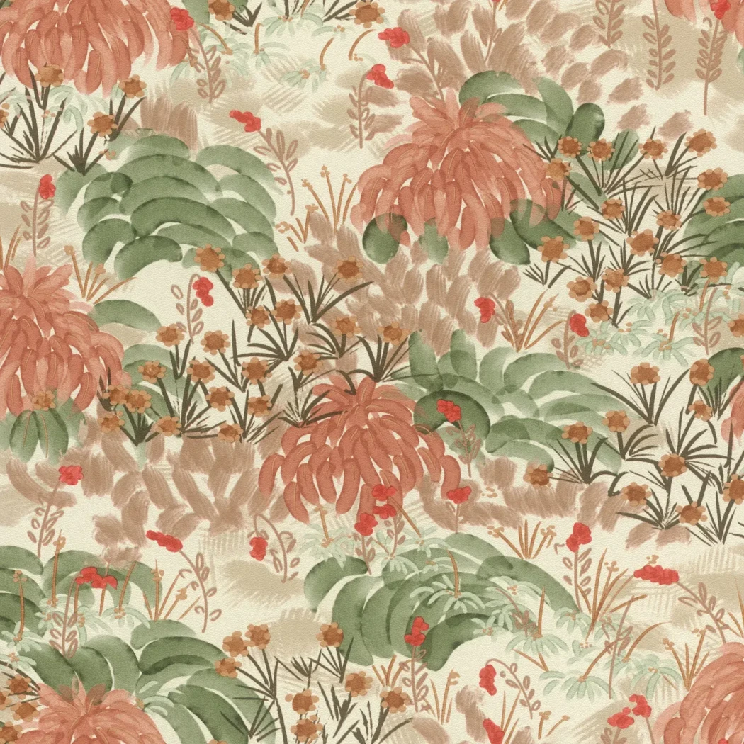 Wallpaper Pottery with green leaves and terracotta flowers on cream