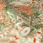 Wallpaper Pottery with green leaves and terracotta flowers on cream