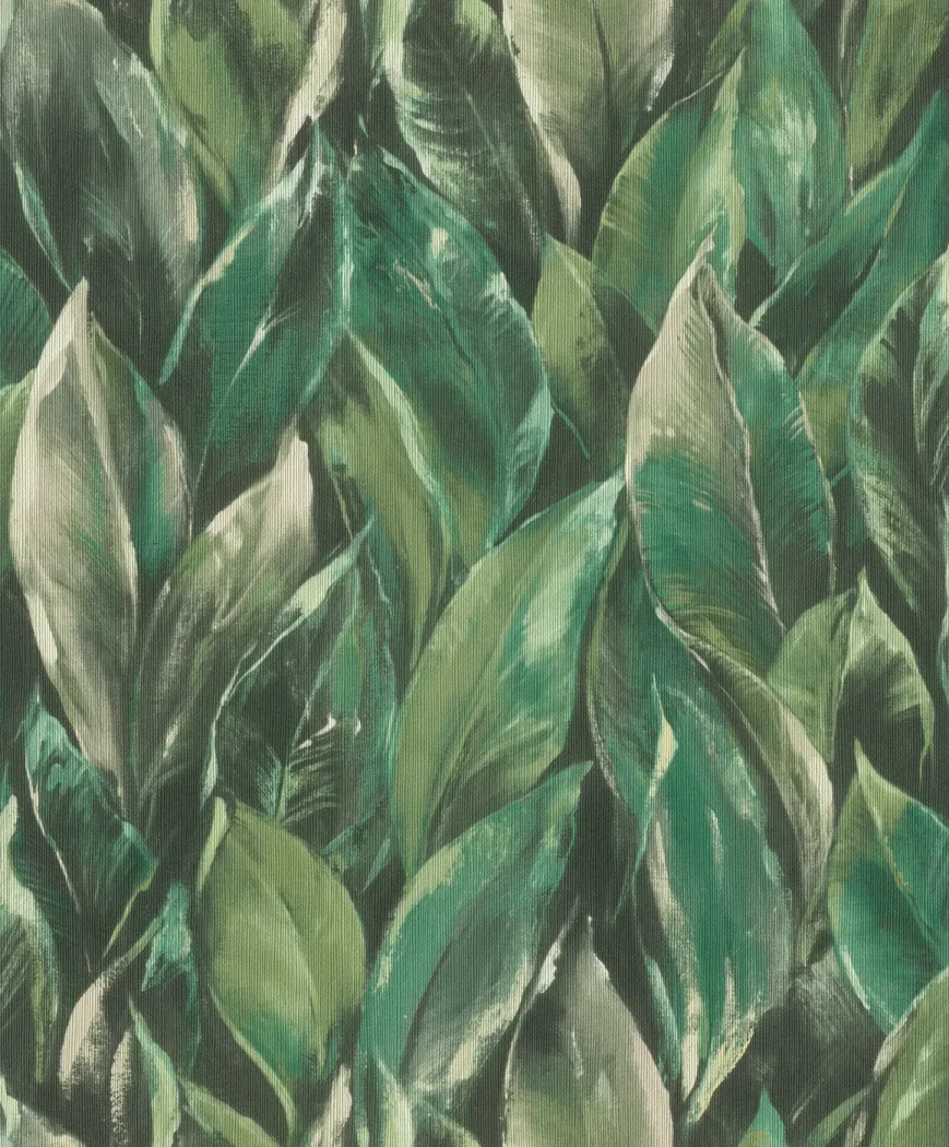 Wallpaper Watercress with large painted green jungle leaves