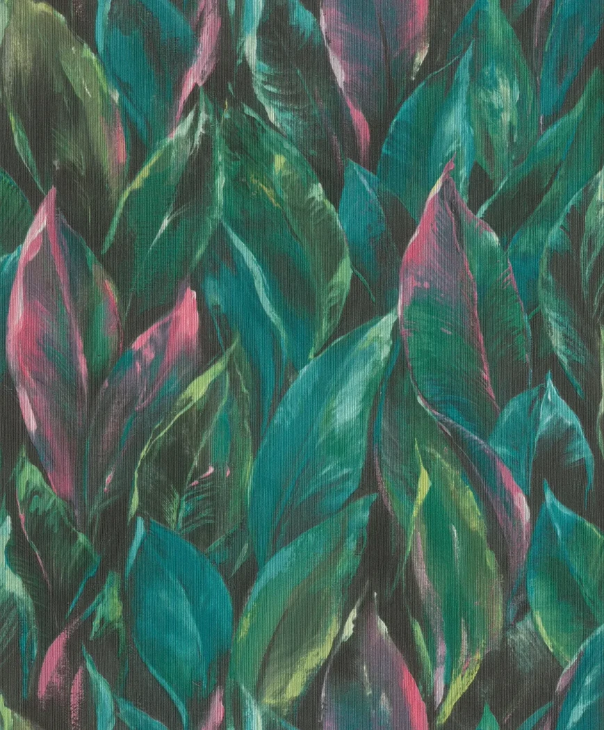 Wallpaper Blue Night, emerald tropical foliage on dark navy