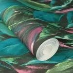 Wallpaper Blue Night, emerald tropical foliage on dark navy