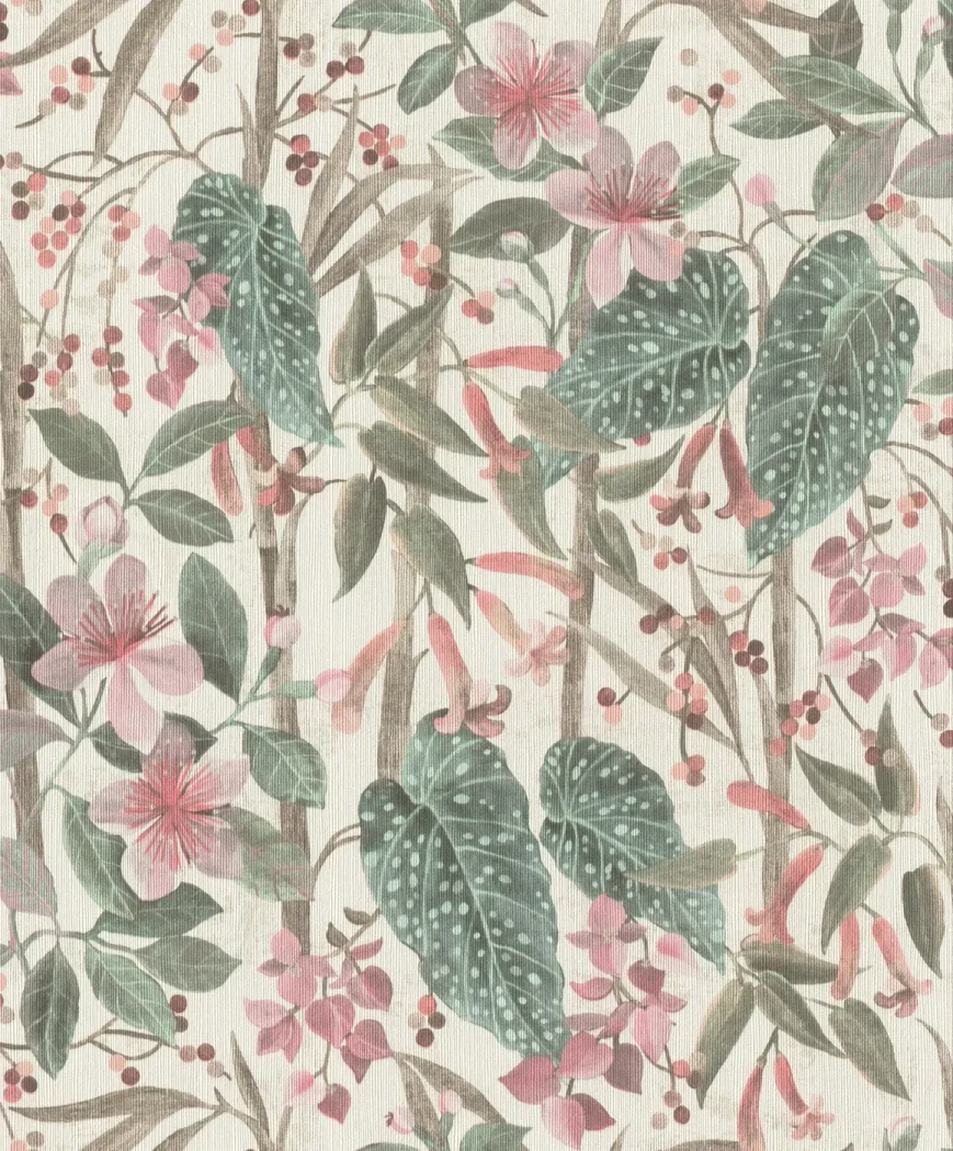 Wallpaper Soft Grey with pink flowers and speckled green leaves