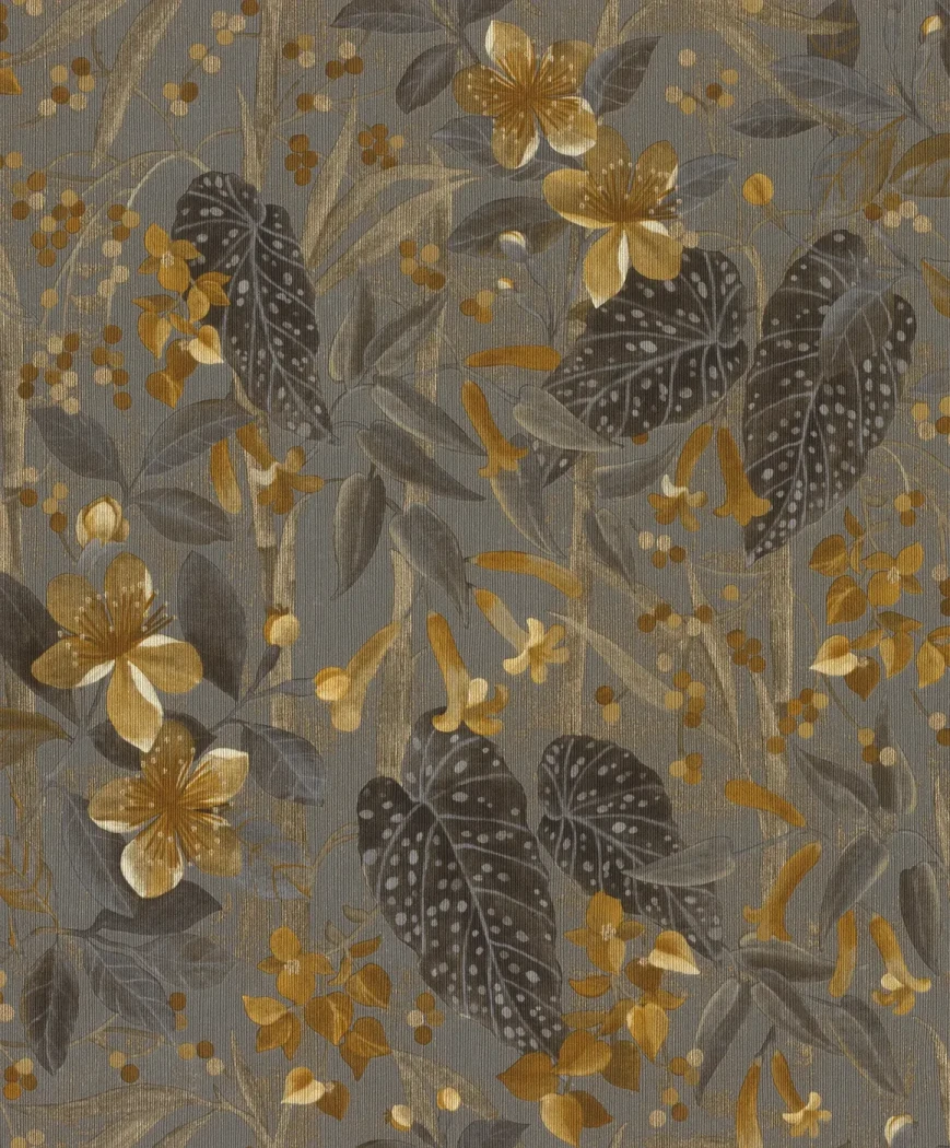 Wallpaper Misty Silver, speckled dark leaves and gold flowers on grey