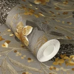 Wallpaper Misty Silver, speckled dark leaves and gold flowers on grey