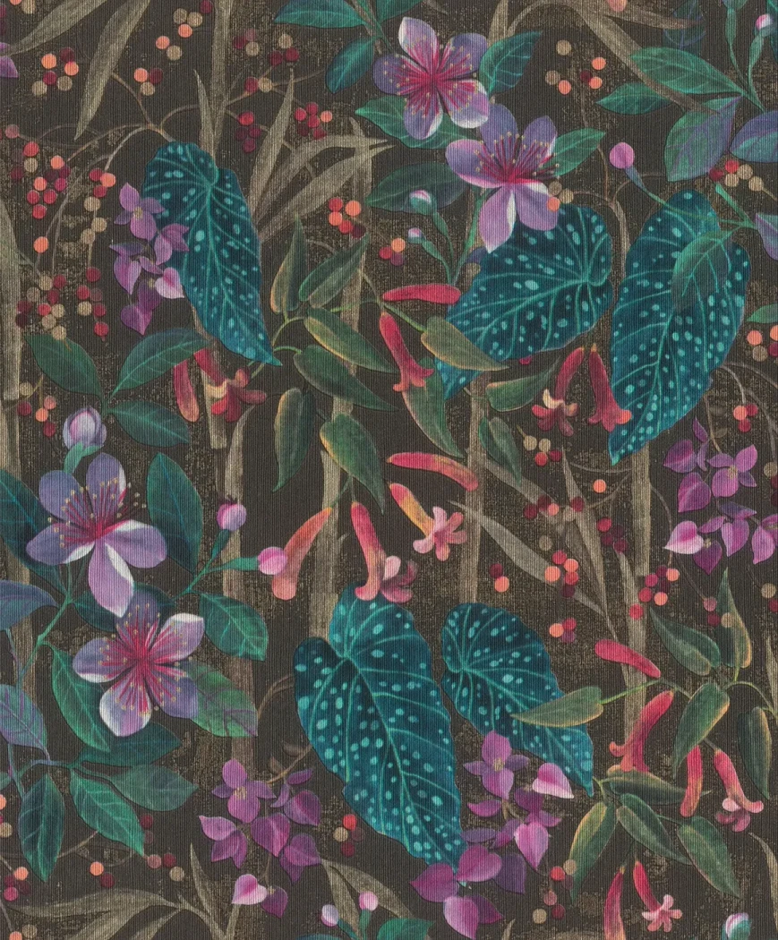 Wallpaper Sapphire with blue tropical leaves and flowers on near-black