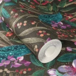 Wallpaper Sapphire with blue tropical leaves and flowers on near-black