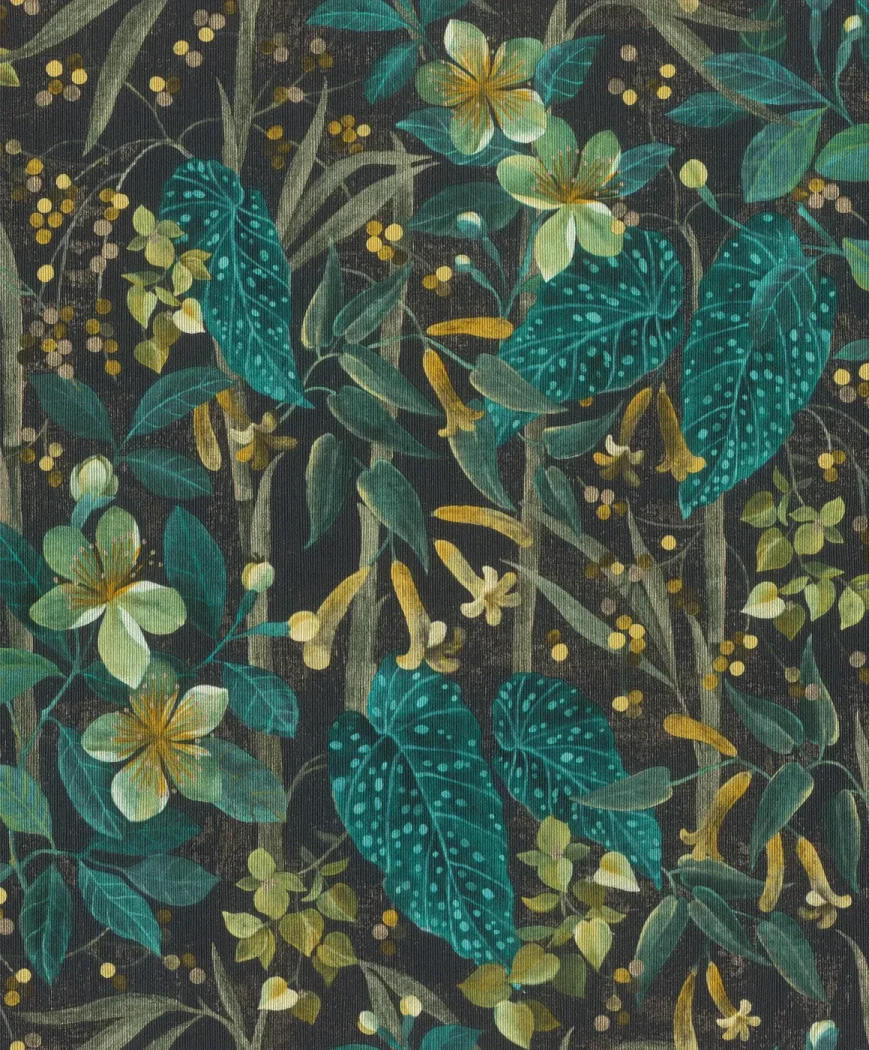 Wallpaper Blue Frost with blue-green leaves and gold flowers