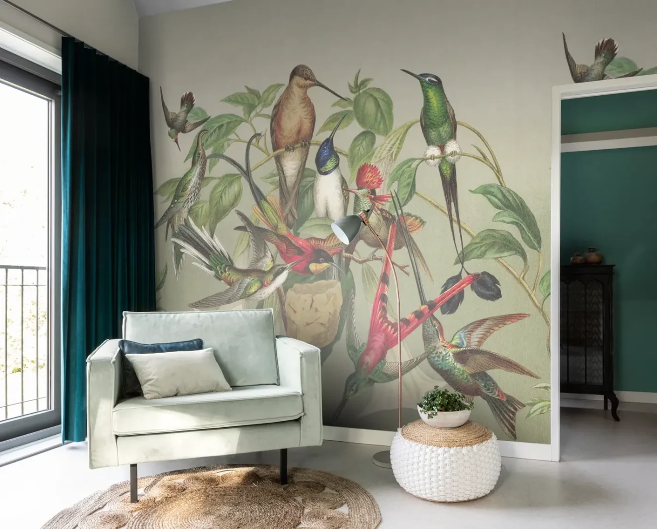 Wallpaper Soft Fawn, painted hummingbirds in foliage on sage green