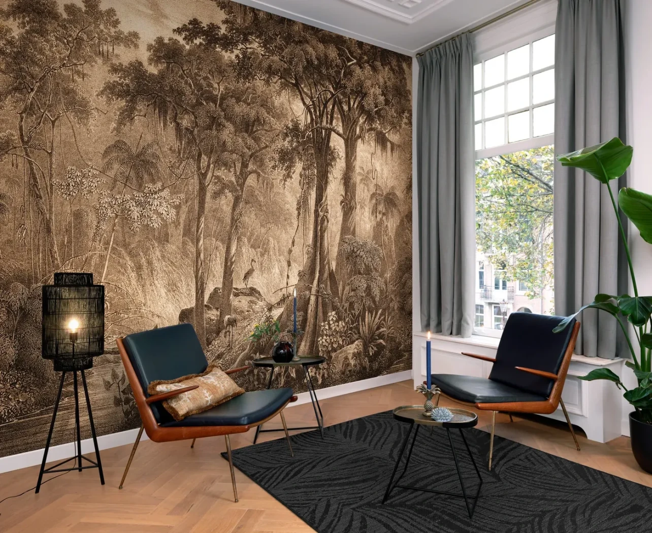 Wallpaper Misty Honey, sepia tropical forest mural with heron