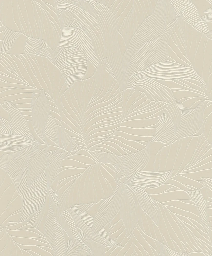 Wallpaper Frosted Barley with embossed beige leaves and pearlescent sheen
