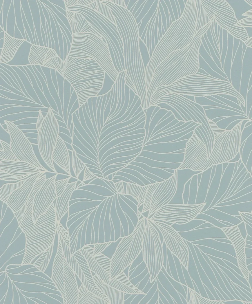 Wallpaper Veiled Lava, pale line-drawn leaves on deep blue-grey