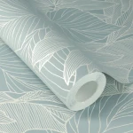 Wallpaper Veiled Lava, pale line-drawn leaves on deep blue-grey