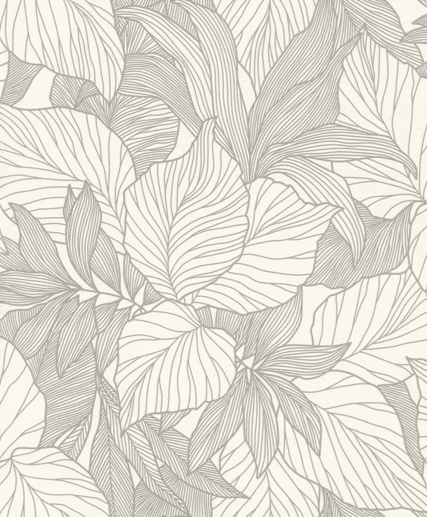 Wallpaper Pale Grisaille with large grey line-drawn leaves
