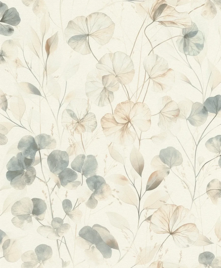 Wallpaper Quartz with blue-grey and terracotta watercolour leaves