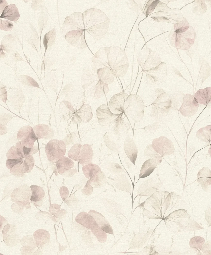 Wallpaper Light Chamois with pink flowers and leaves on cream