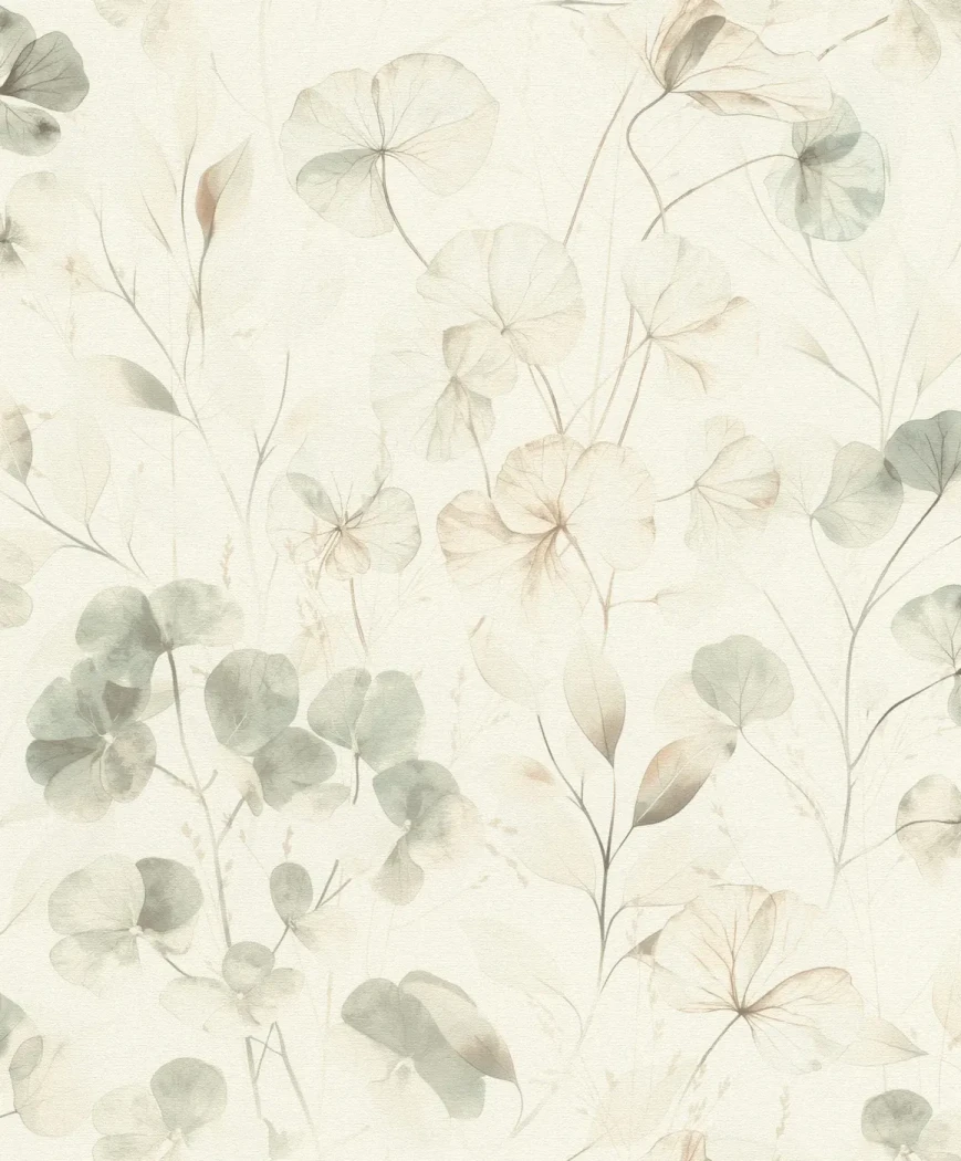 Wallpaper Pale Verbena, sage watercolour leaves and branches on cream