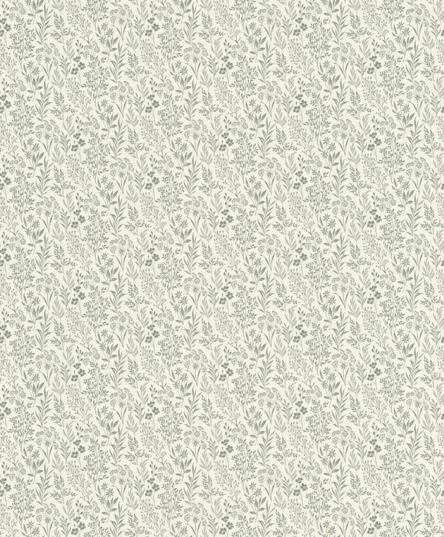 Wallpaper Frosted Zincwork with verdigris wild flowers on ivory