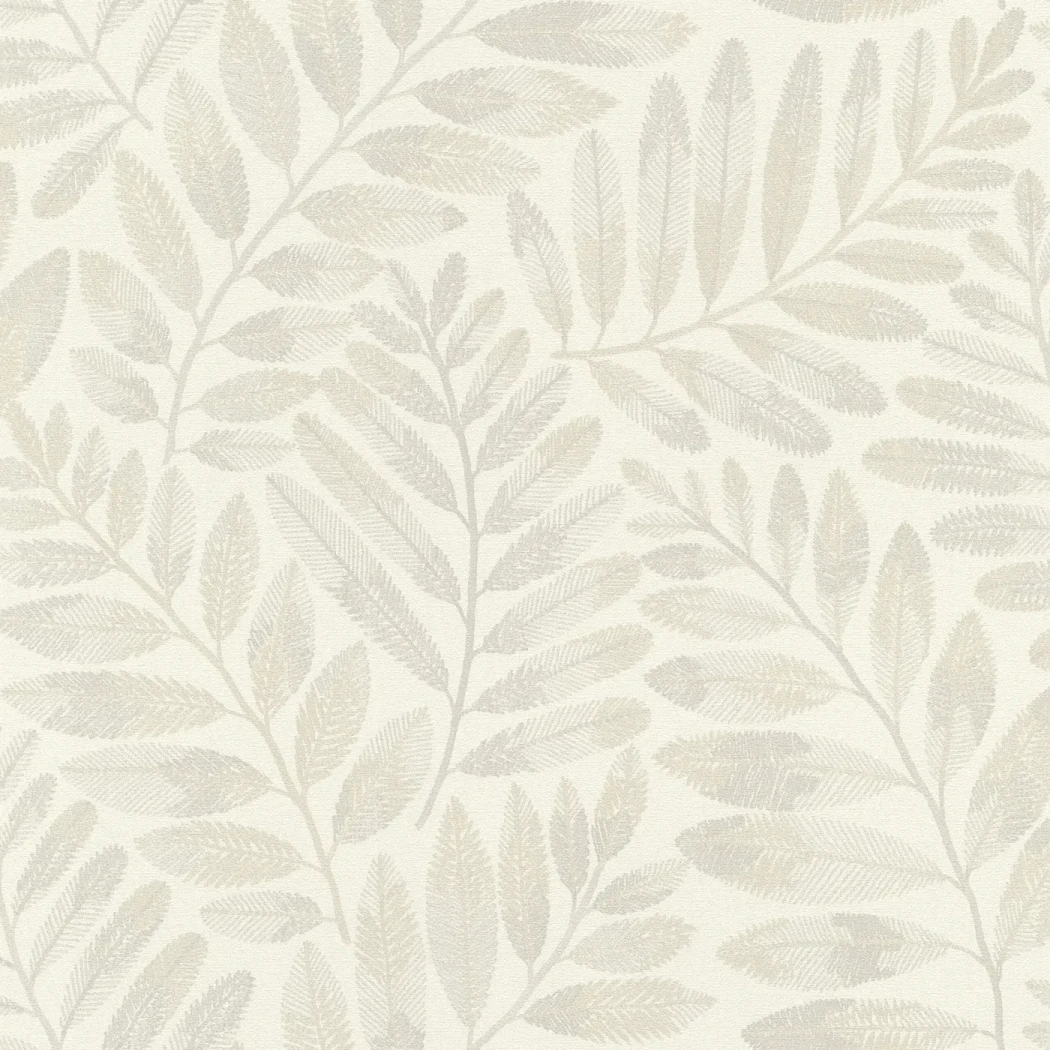 Wallpaper Mother of Pearl, beige and grey ferns on white