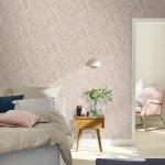 Wallpaper Frosted Sand, ivory fern leaves on powder pink