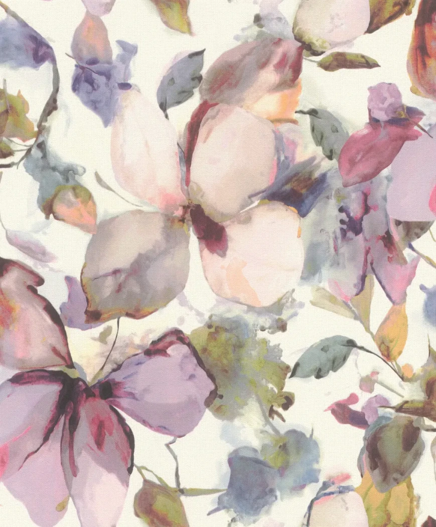 Wallpaper Terracotta with large mauve and burgundy watercolour flowers