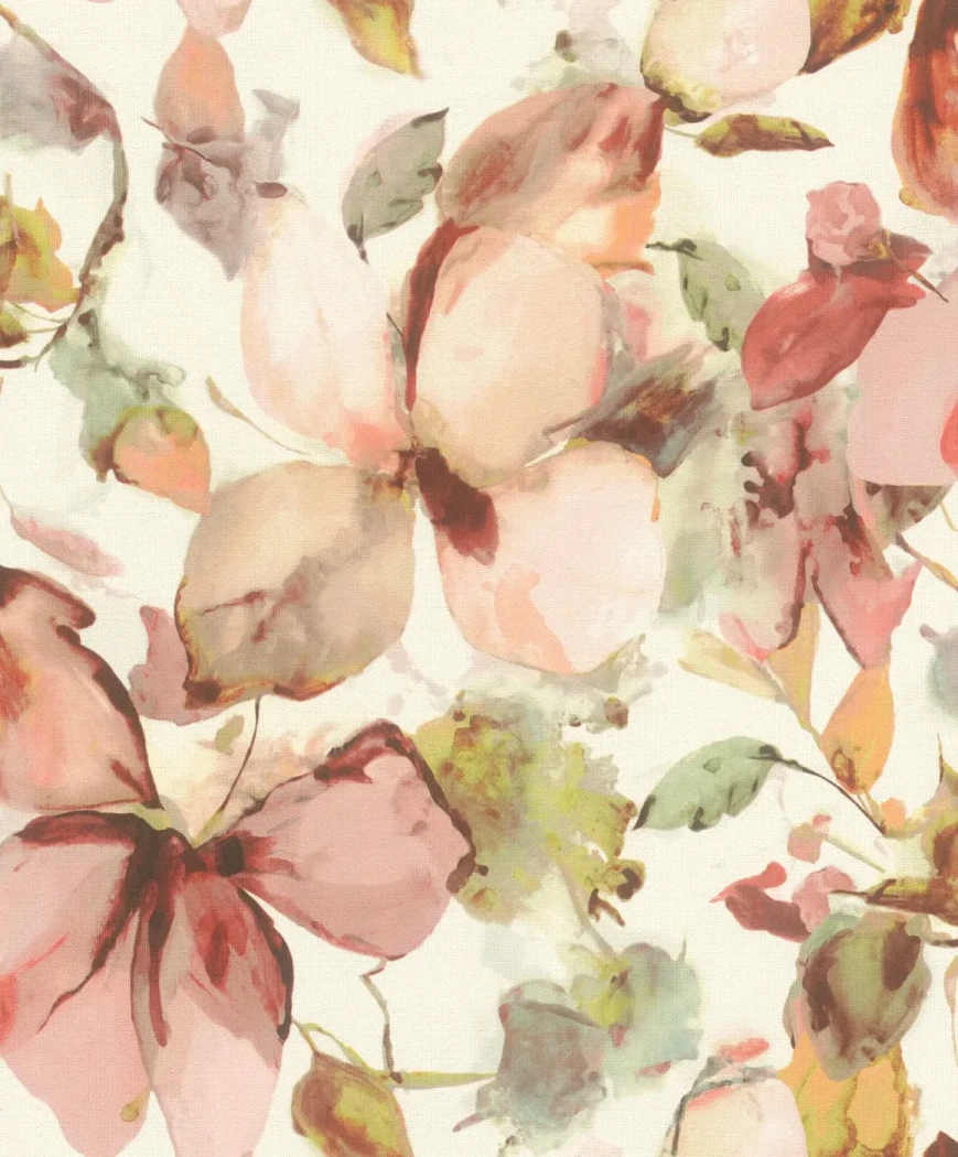 Wallpaper Feather, pink and red watercolour flowers on white