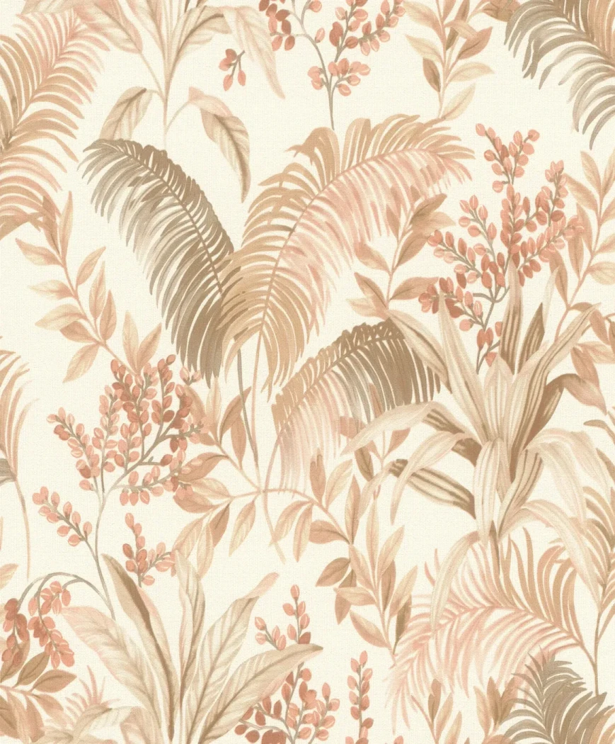 Wallpaper Veiled Weave, palm leaves and coral berries on ivory