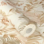 Wallpaper Veiled Weave, palm leaves and coral berries on ivory