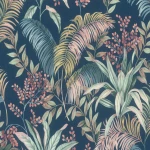 Wallpaper Lapis, tropical leaves and red berries on midnight blue