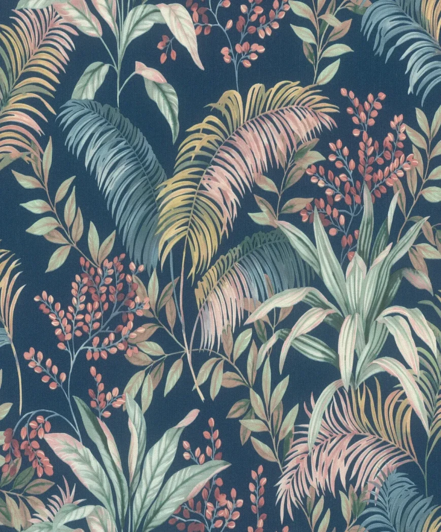 Wallpaper Lapis, tropical leaves and red berries on midnight blue